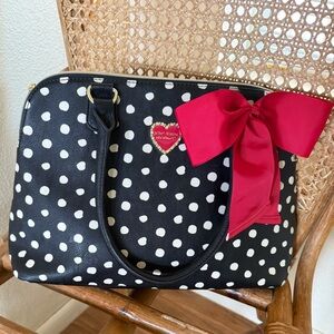 Betsey Johnson Black and White Handbag with Red Bow and Chalkboard Script Lining